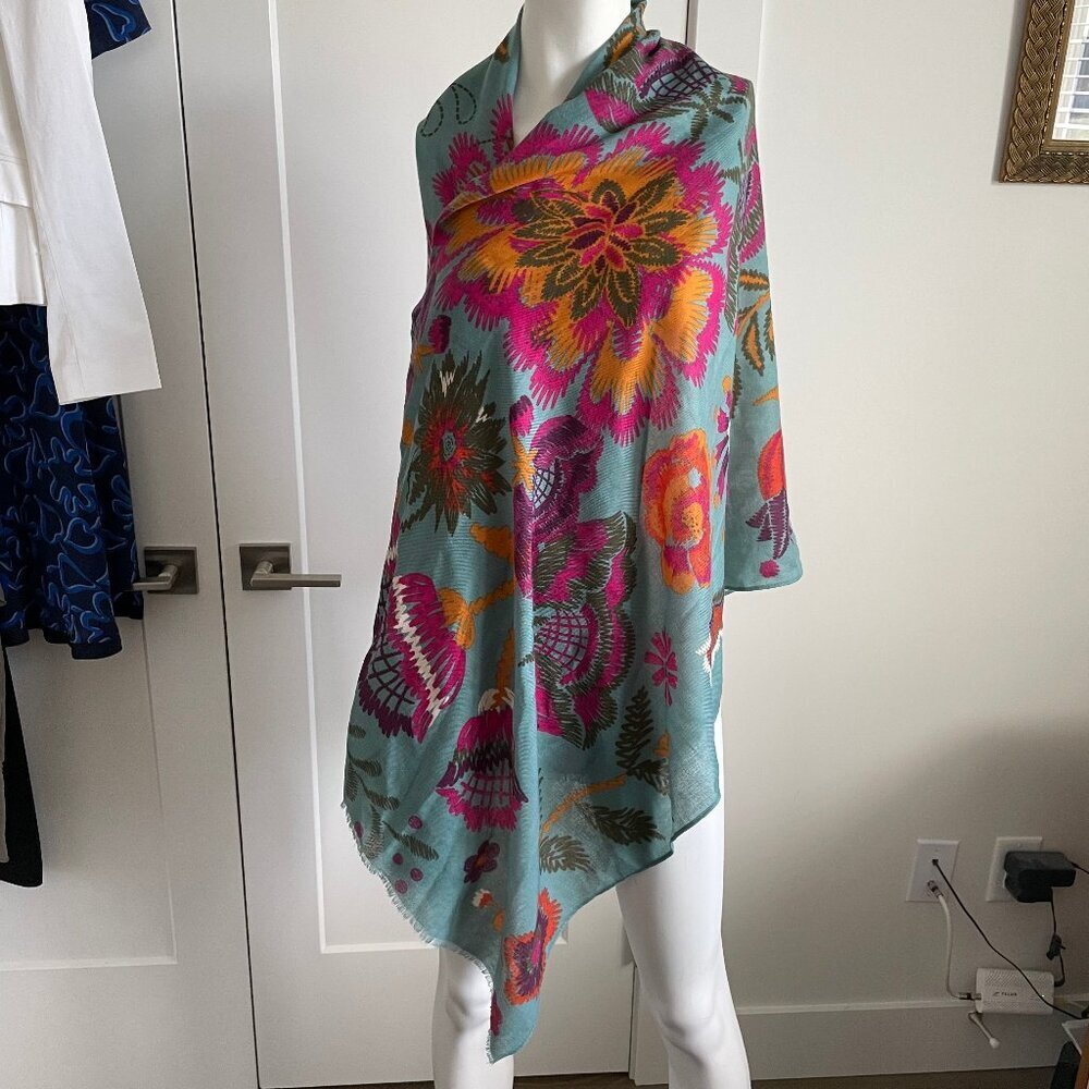 Powder Design 100% Poly Abstract Floral Wrap/CoverUp/Scarf 73" x 38" Grn Pink OS